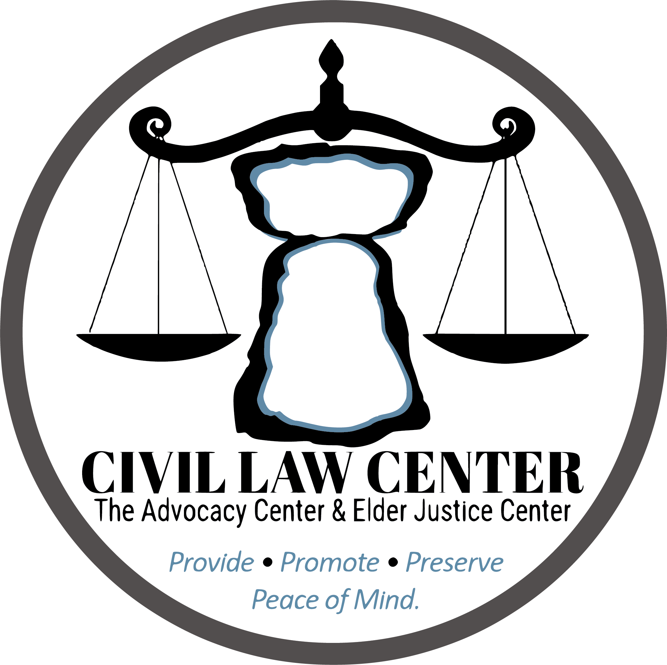 Civil Law Center seal: a balance scale beside a Guam latte stone, with the motto Provide, Promote, Preserve — Peace of Mind.