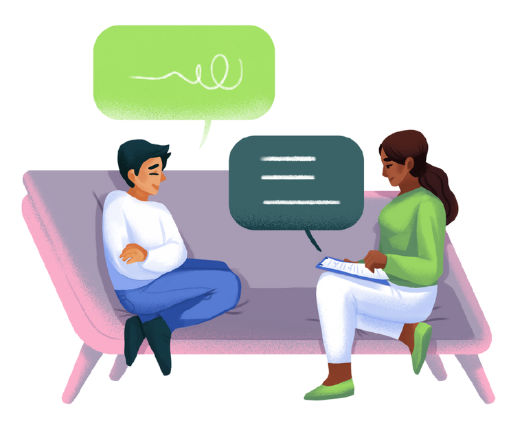 Illustration of an advocate meeting with a client during a legal consultation.