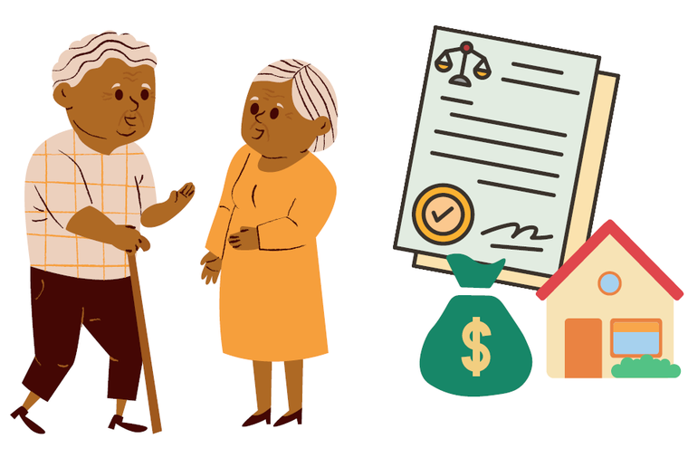 Illustration of two elders reviewing a will and estate documents.